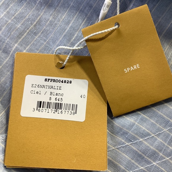 Sandro Nathalie Blue White Pinstripe Linen Lace Midi Dress Size 40 NWT - Picture 8 of 16